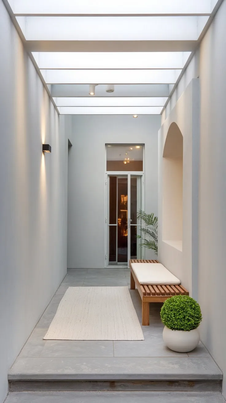 A minimalist gray hallway with a wooden bench and subtle greenery beckons entry into a modern apartment.