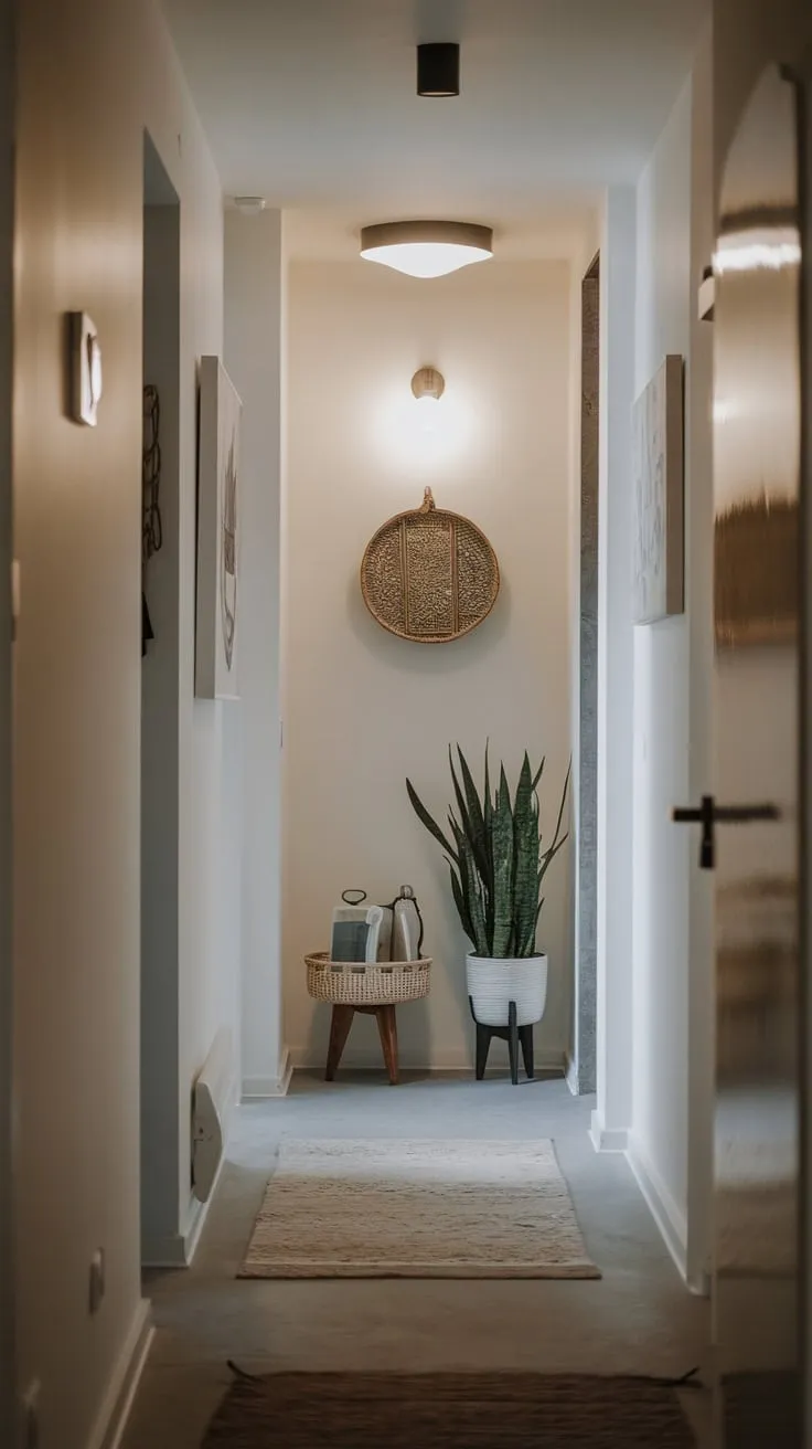 White walls and a rug enhance the modern hallway's inviting atmosphere.