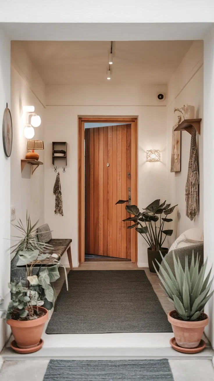 Modern lighting highlights a white-walled entryway featuring a wooden door and stylish accents.