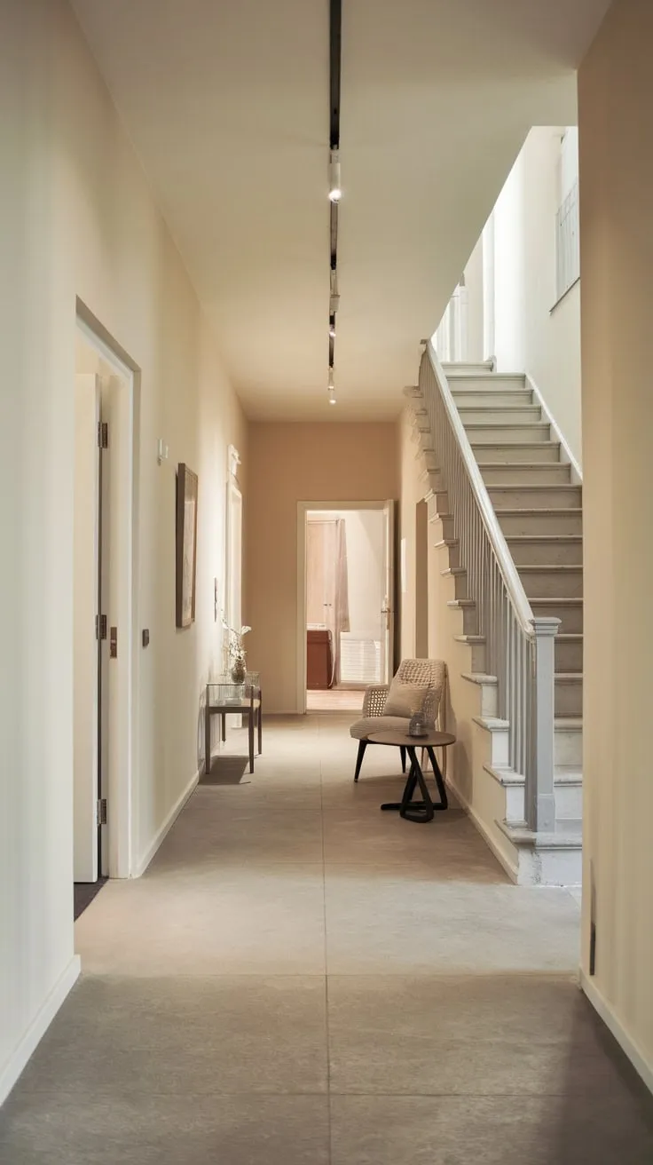 Bright lighting and neutral tones define the cozy entryway to this modern apartment building.