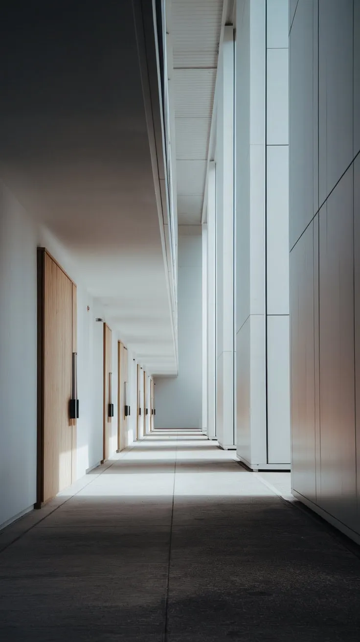 Sharp shadows highlight the clean lines of this minimalist apartment hallway entrance.