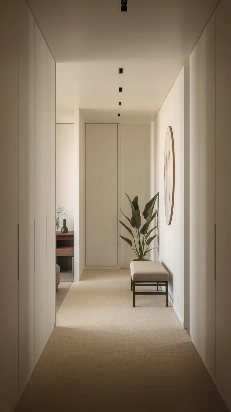 Soft lighting and simple furnishings create an inviting atmosphere in this apartment's modern hallway.
