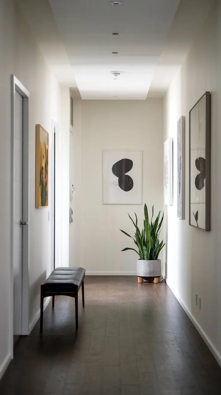 A sleek, white-walled apartment entryway features a quiet elegance with dark wood floors and subtle decor.