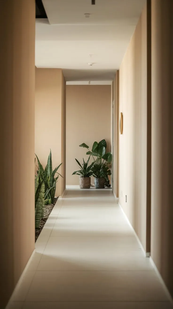 Soft lighting illuminates a minimalist apartment entrance, accented by potted plants and calming beige walls.