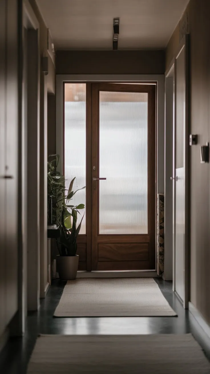 A minimalist hallway welcomes you home with a soft glow, a potted plant, and a frosted glass door.