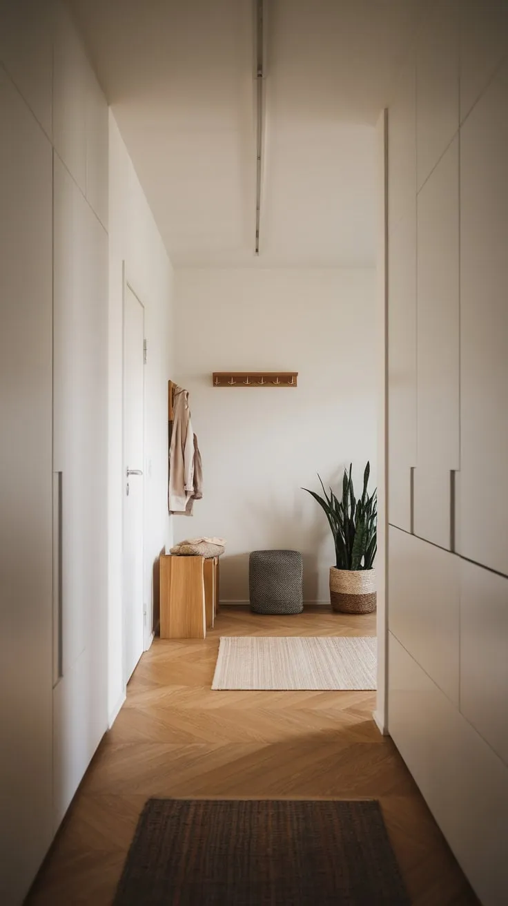 Soft light illuminates a minimalist apartment entrance featuring a wooden floor, simple furnishings, and a welcoming atmosphere