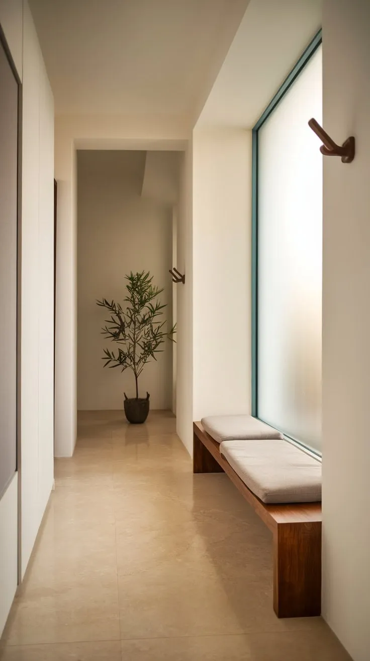 A calming beige and white apartment entryway offers a peaceful transition home with simple yet stylish details.