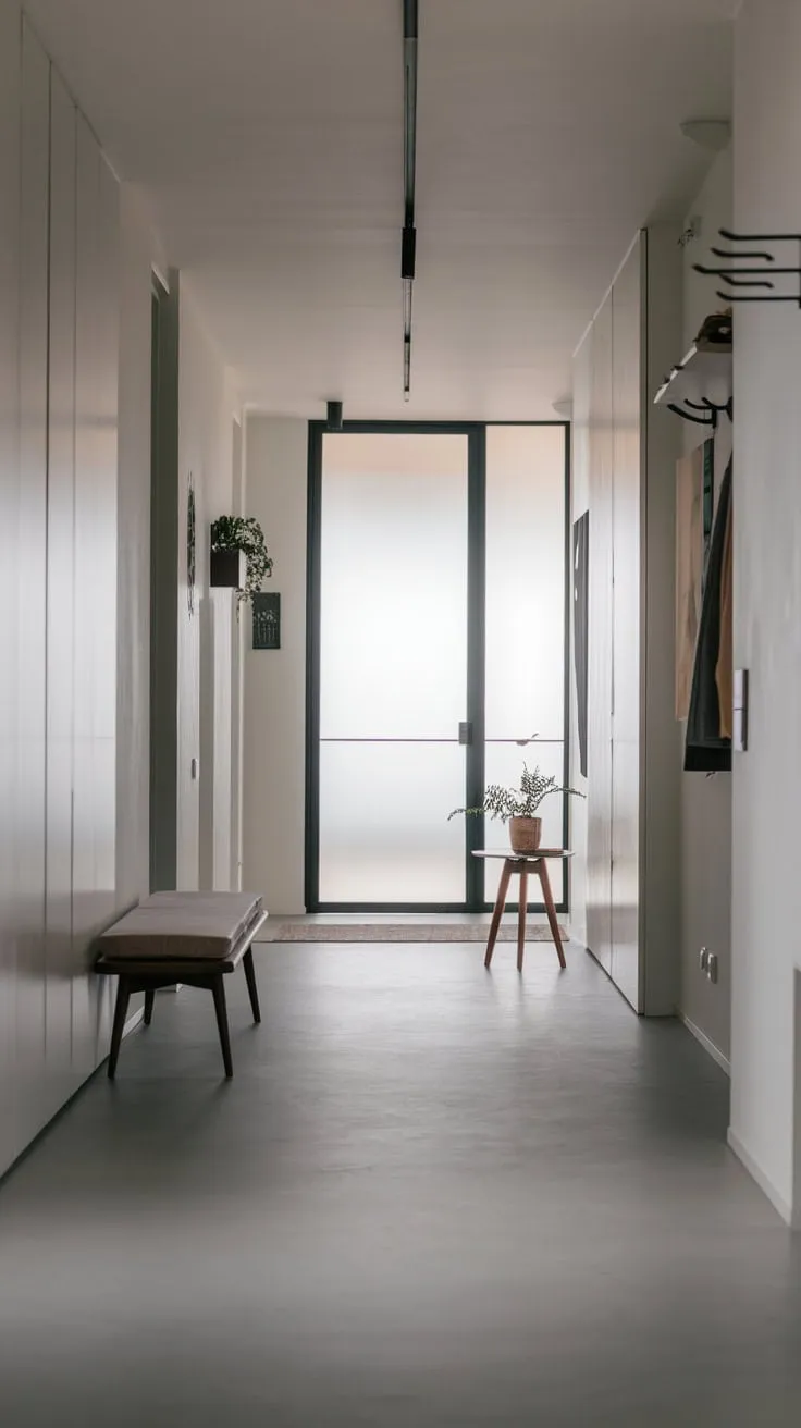 A minimalist apartment entrance welcomes you with soft lighting, a wooden bench, and a frosted glass door.