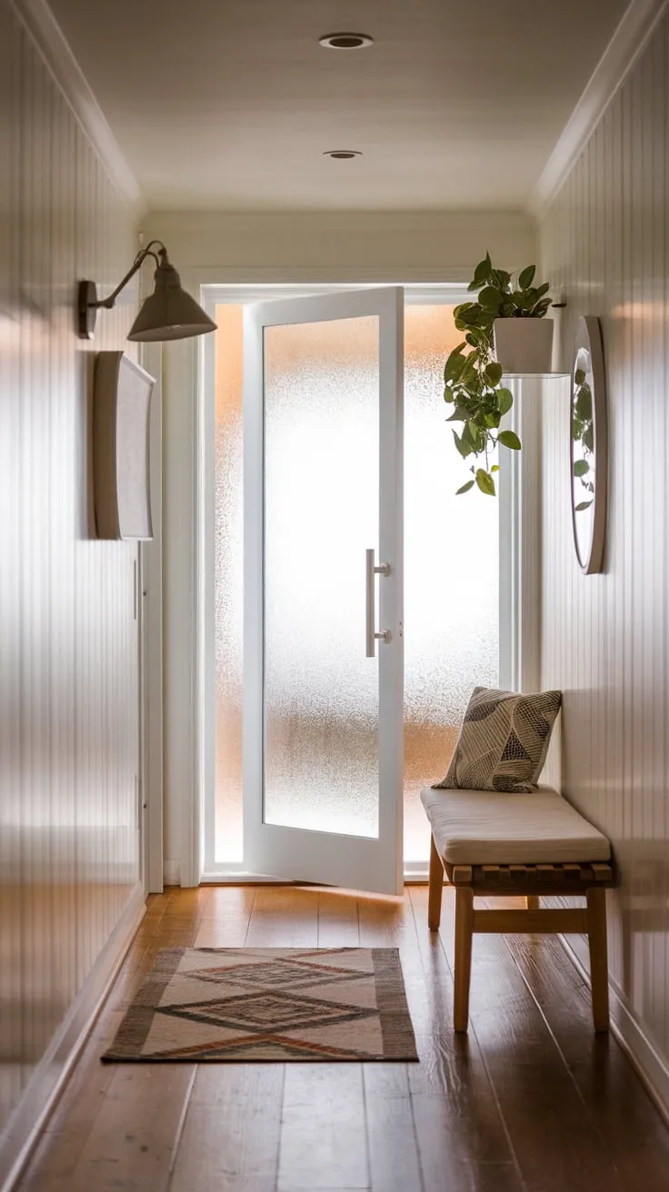 A minimalist hallway with warm lighting and a comfy bench invites entry through a frosted glass door