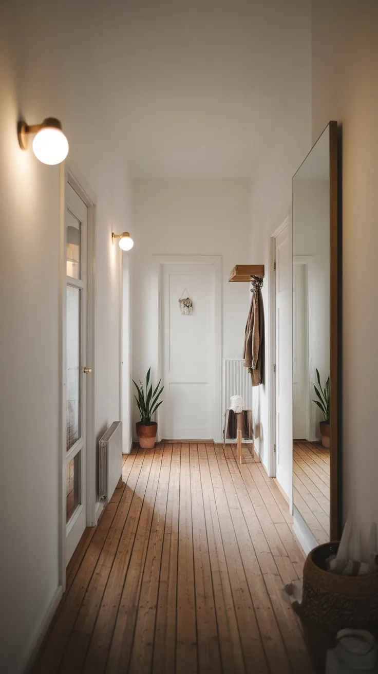 A bright, minimalist apartment entrance invites you in with its clean lines, natural wood, and thoughtful touches.