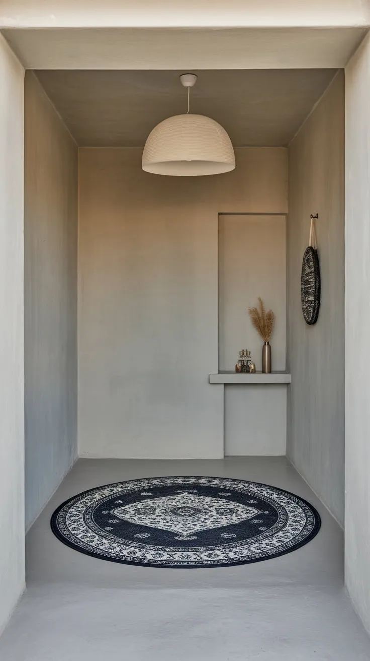 Light gray walls and floors create a serene atmosphere in this apartment's inviting hallway entryway.