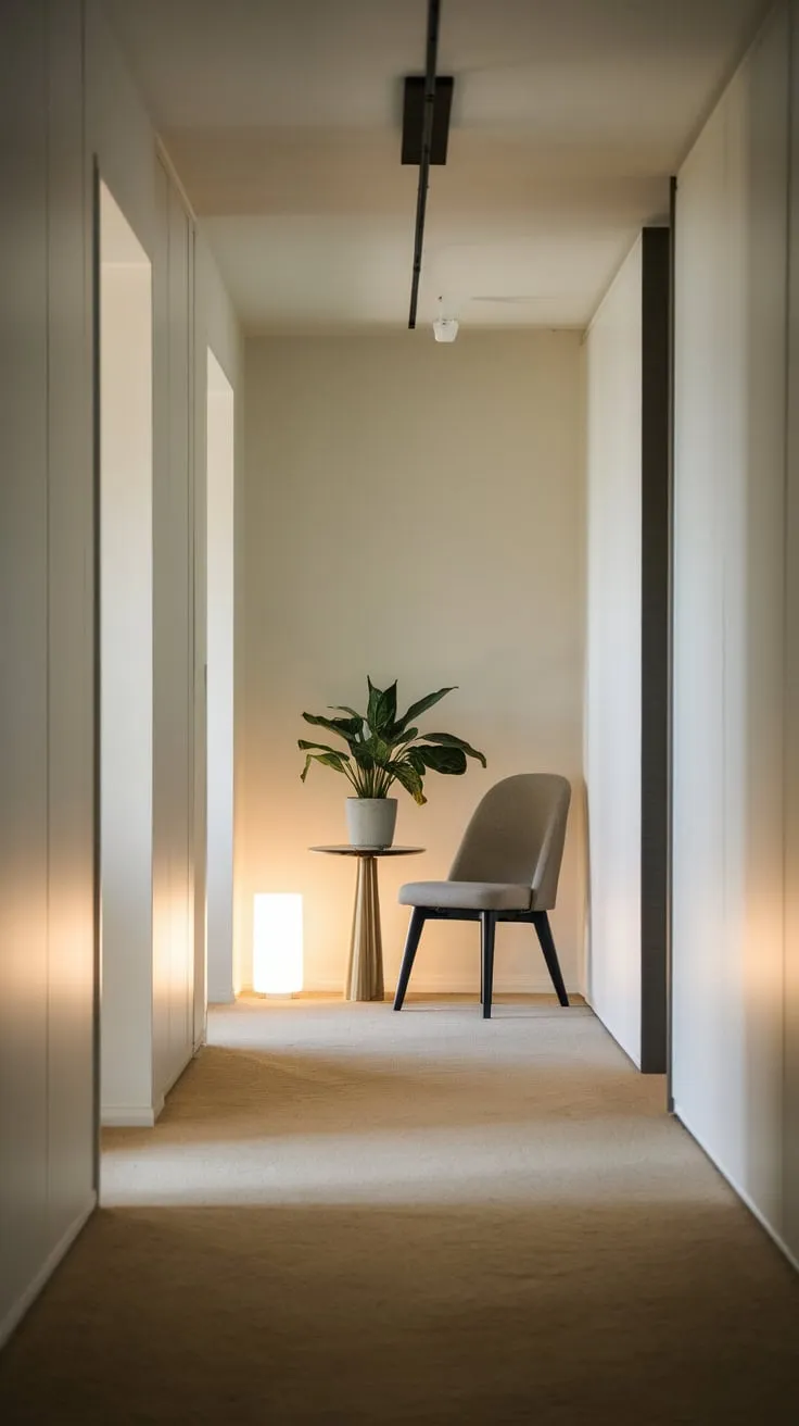 A minimalist apartment entrance welcomes you with soft beige carpet, calming white walls, and a touch of greenery.