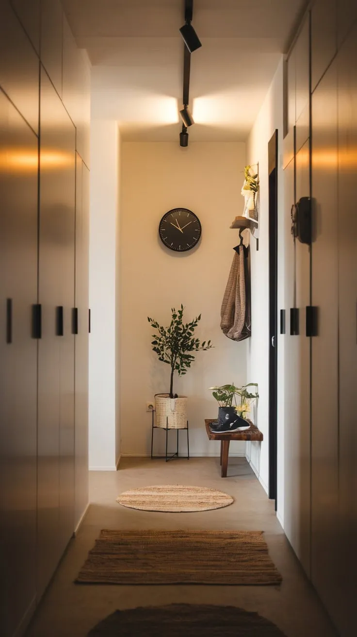 Warm lighting and minimalist decor welcome you to a cozy apartment entryway