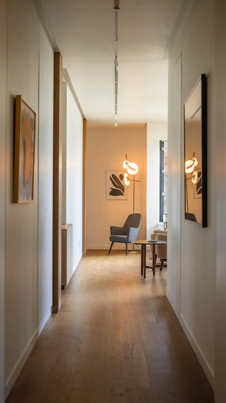 Warm lighting and minimalist decor welcome you to this apartment's inviting entrance