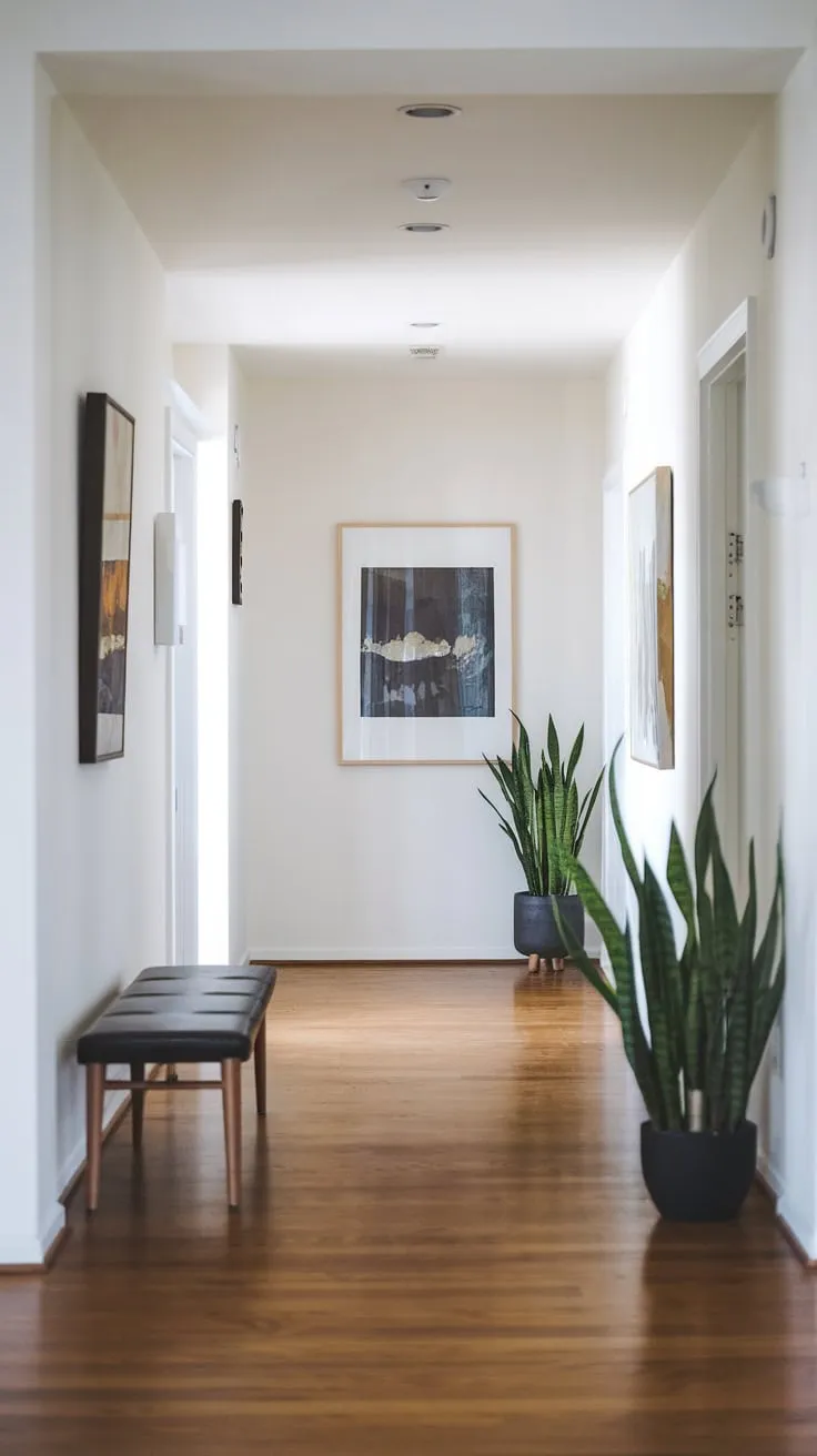A minimalist bench and potted plant welcome you to this modern apartment's serene hardwood entryway