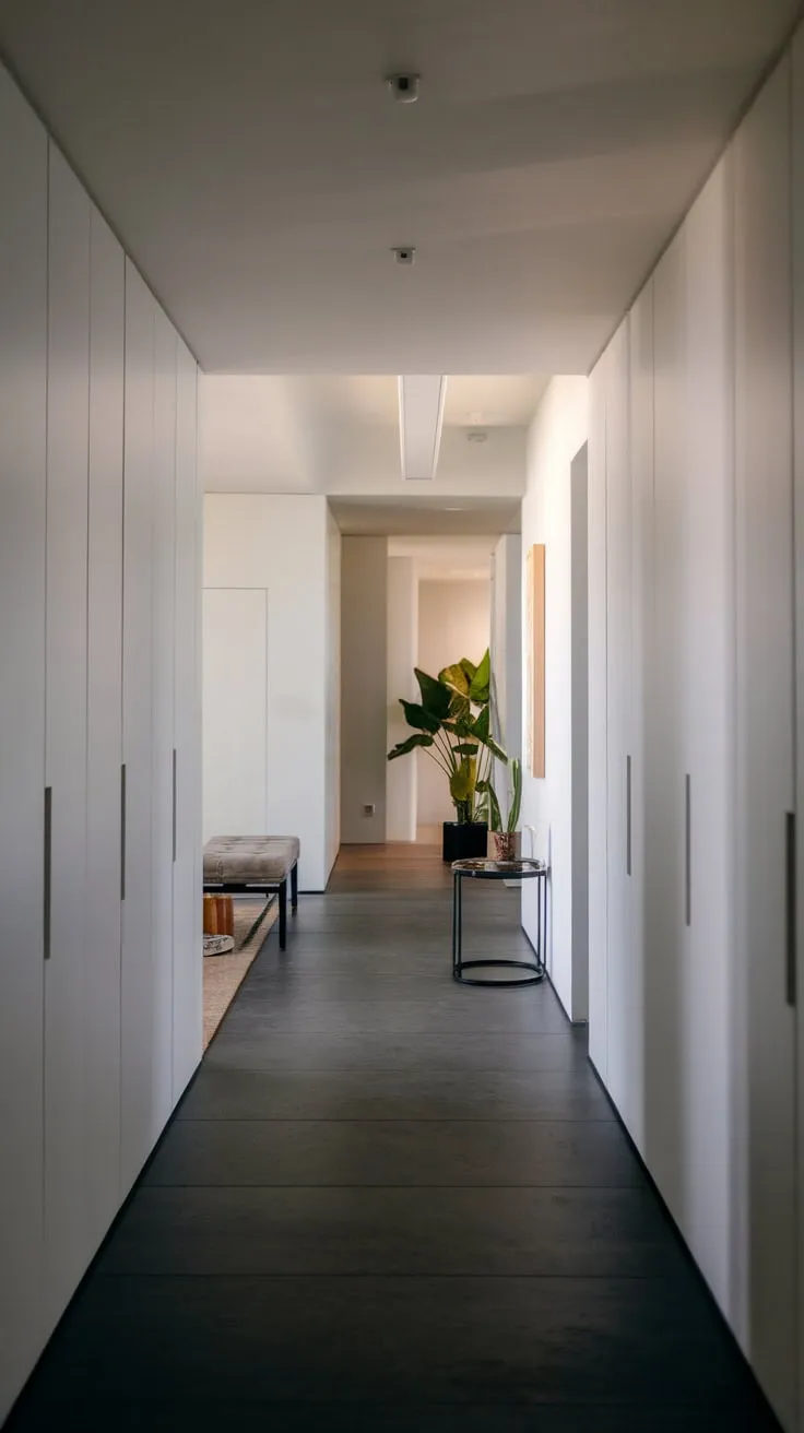 Modern minimalist apartment entryway boasts sleek design and subtle greenery