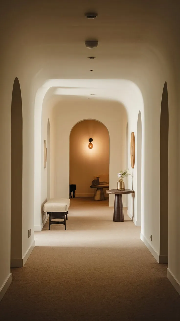 A cozy beige-carpeted hallway offers a welcoming apartment entrance with simple furnishings and inviting light.