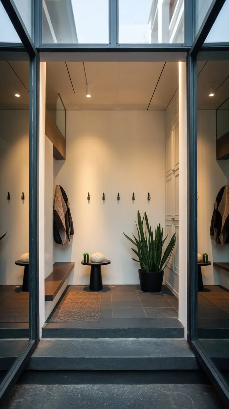 High ceilings, subtle lighting, and a small plant add warmth to this modern entryway's clean design.