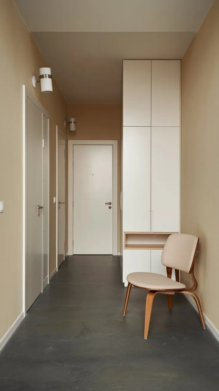 A serene apartment entryway is defined by muted tones and clean lines, creating a calming and modern atmosphere.