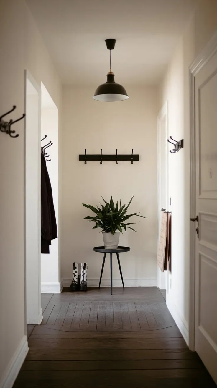 White walls and a small plant accentuate the calm, inviting atmosphere of this apartment's entryway.