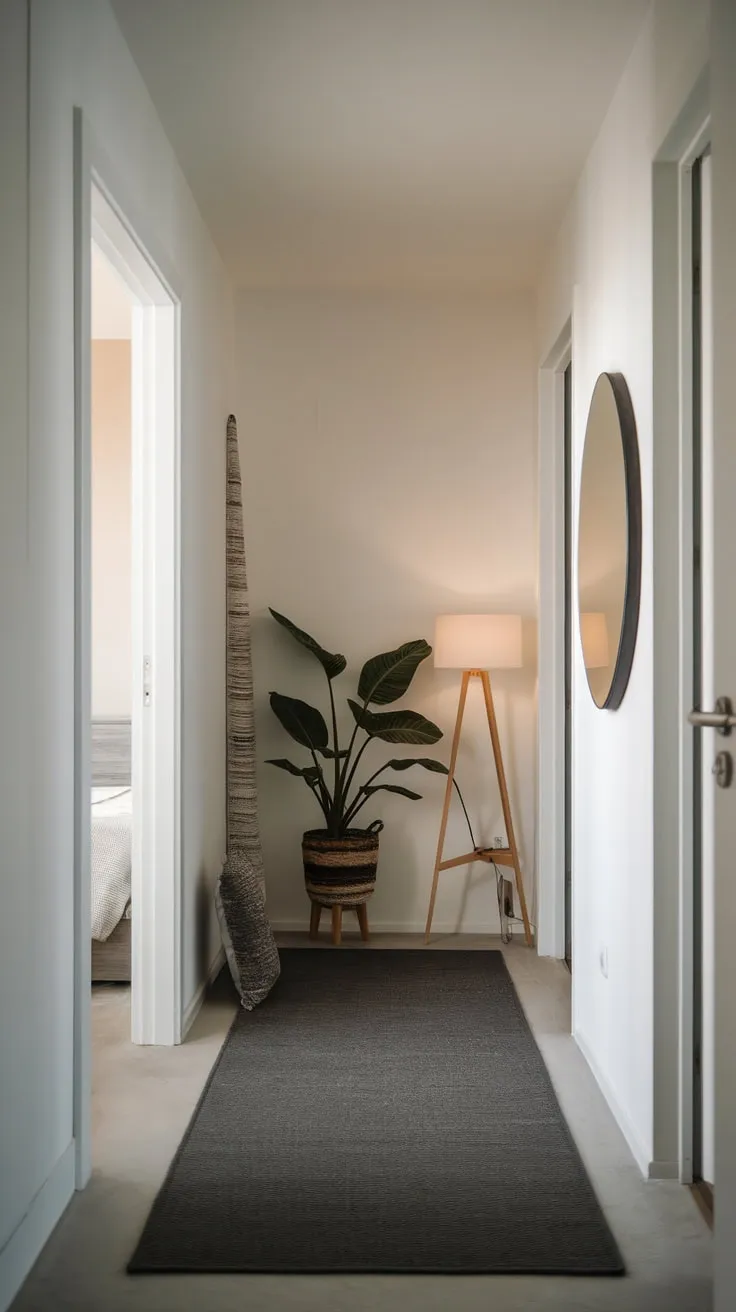 A minimalist hallway, subtly adorned with a plant, lamp, and mirror, leads to a glimpse of a bedroom beyond the partially open door.