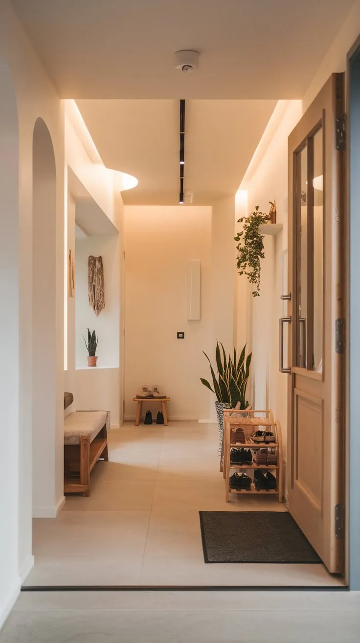 A modern apartment entrance boasts a calming atmosphere, featuring light grey tiles, a wooden door, and practical furniture.
