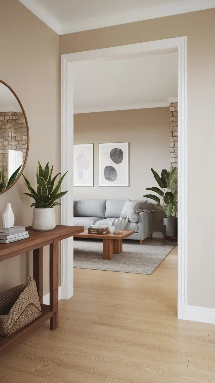 Warm wood floors and a gray sofa create a serene atmosphere extending from the stylish apartment entryway.
