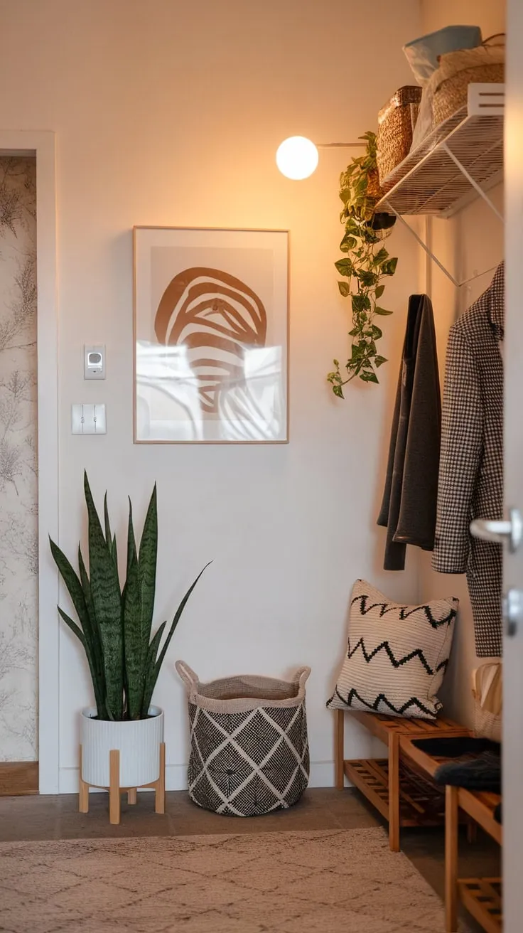 Warm lighting highlights a stylish apartment entryway featuring minimalist decor, a potted plant, and tasteful artwork.