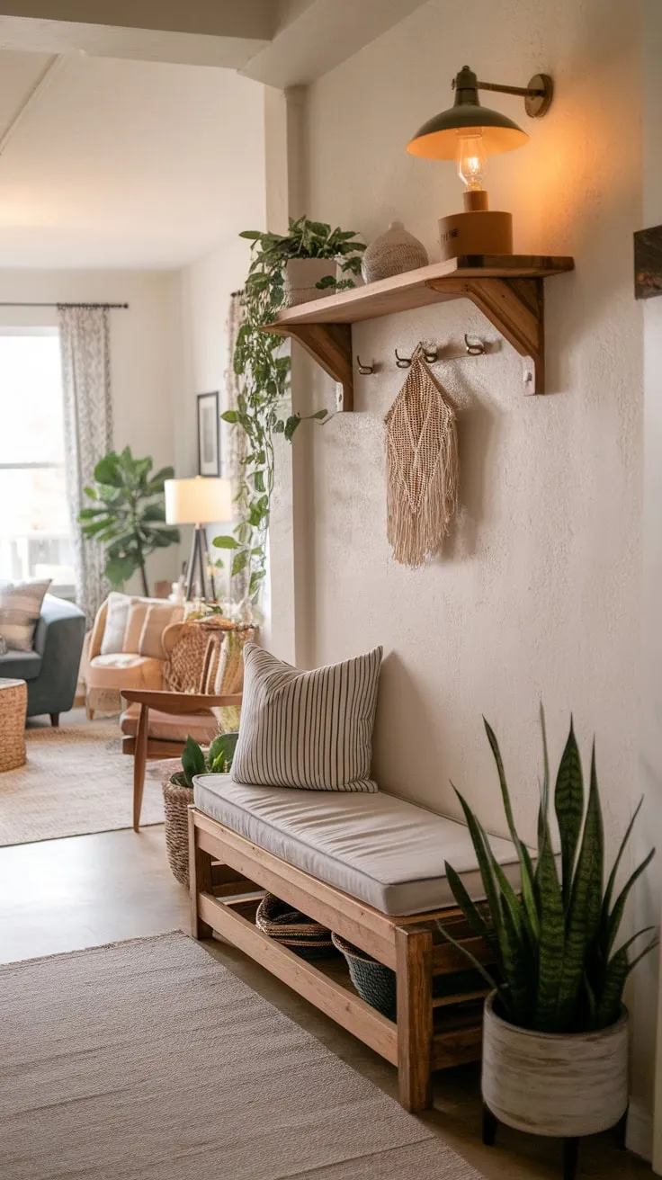A welcoming apartment entryway, featuring a cozy bench, potted plant, and wooden shelving, sets a warm tone for the inviting living space beyond.