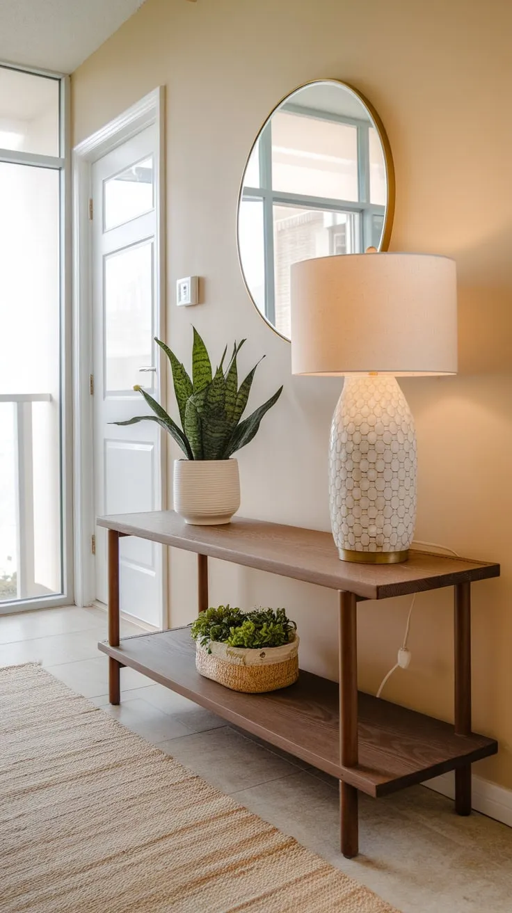 Warm beige tones and natural elements create a serene and inviting apartment entrance.