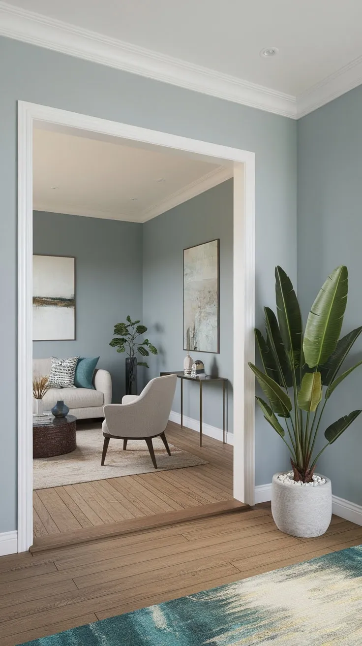 A welcoming apartment entryway featuring a leafy plant and light blue walls leads into a charming living space.
