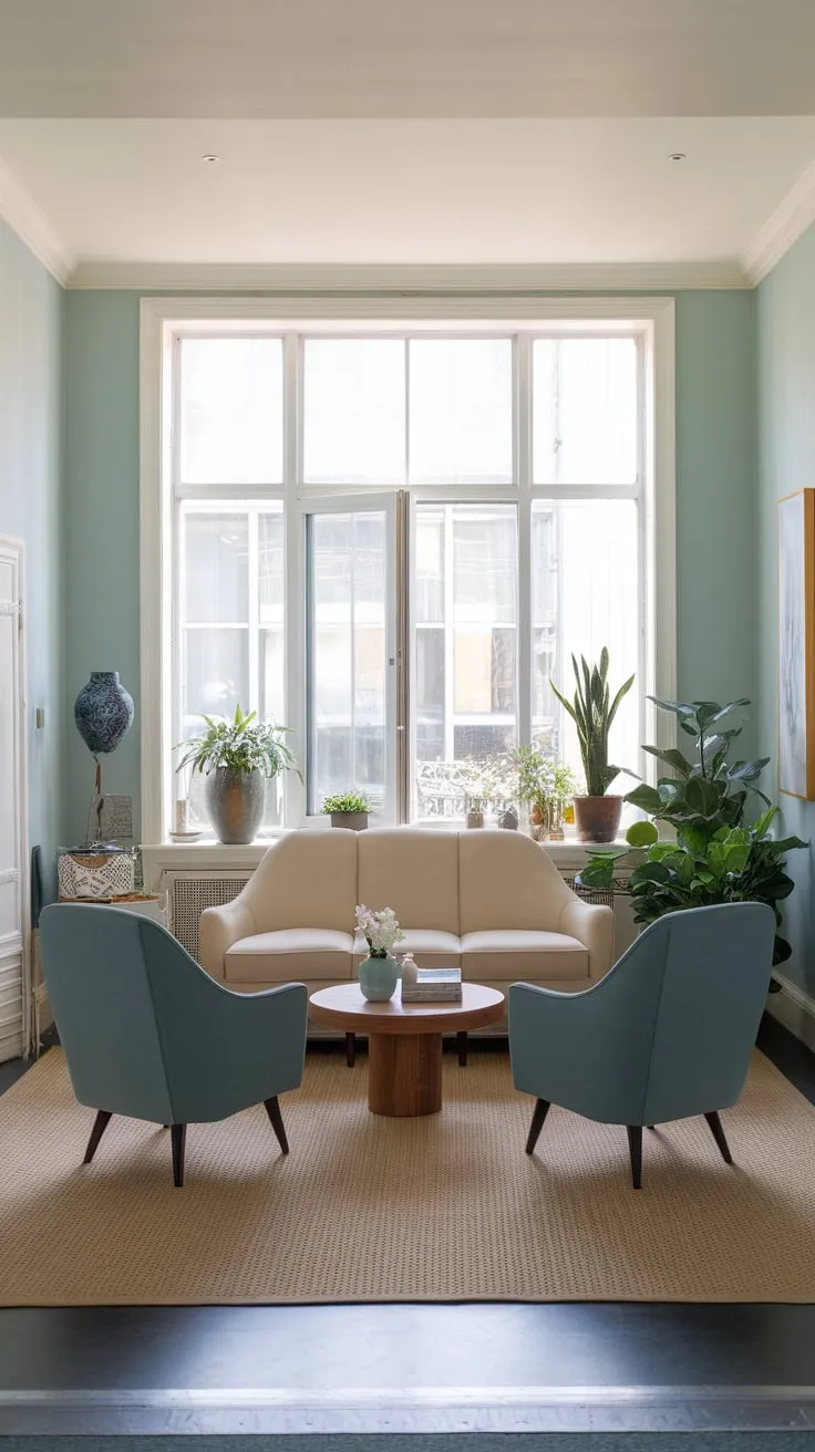 A calming blue-walled apartment entryway flows into a living room featuring a beige sofa, blue armchairs, and natural light.