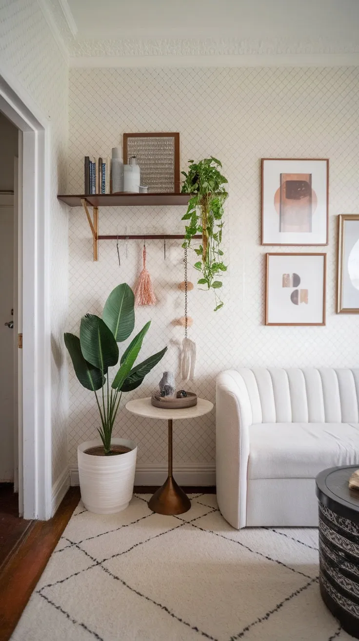 A stylish apartment entryway welcomes you with a white couch, round table, potted plant, and artwork, setting a dreamy tone for the home.