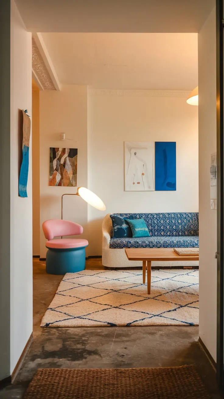 Warm lighting and a stylish blue and white rug define a charming apartment entryway that opens to a cozy living space.