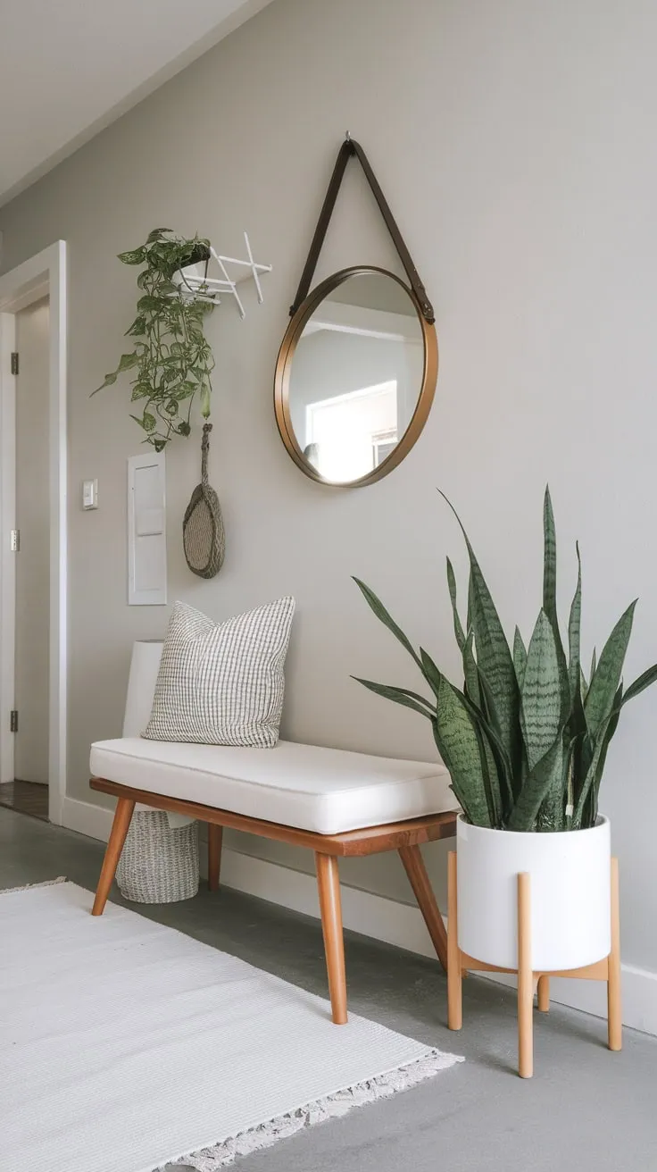 A minimalist apartment entryway boasts a clean aesthetic with a wooden bench, round mirror, and potted plant, creating a welcoming and serene space
