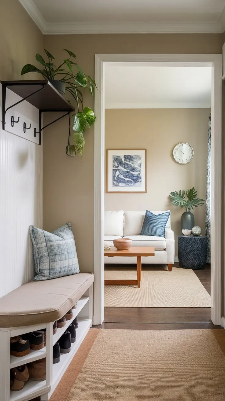 A cozy apartment entryway featuring a cushioned shoe bench and potted plant welcomes you into a calming beige living room with a white sofa and wooden coffee table.
