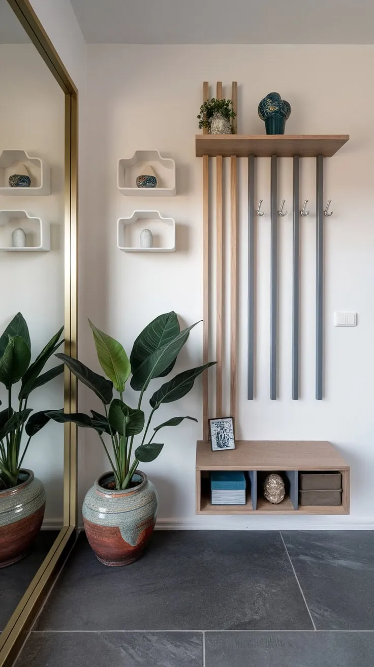 A modern apartment entryway boasts stylish storage, a large mirror, and lush greenery, all set against a backdrop of dark gray tiles.