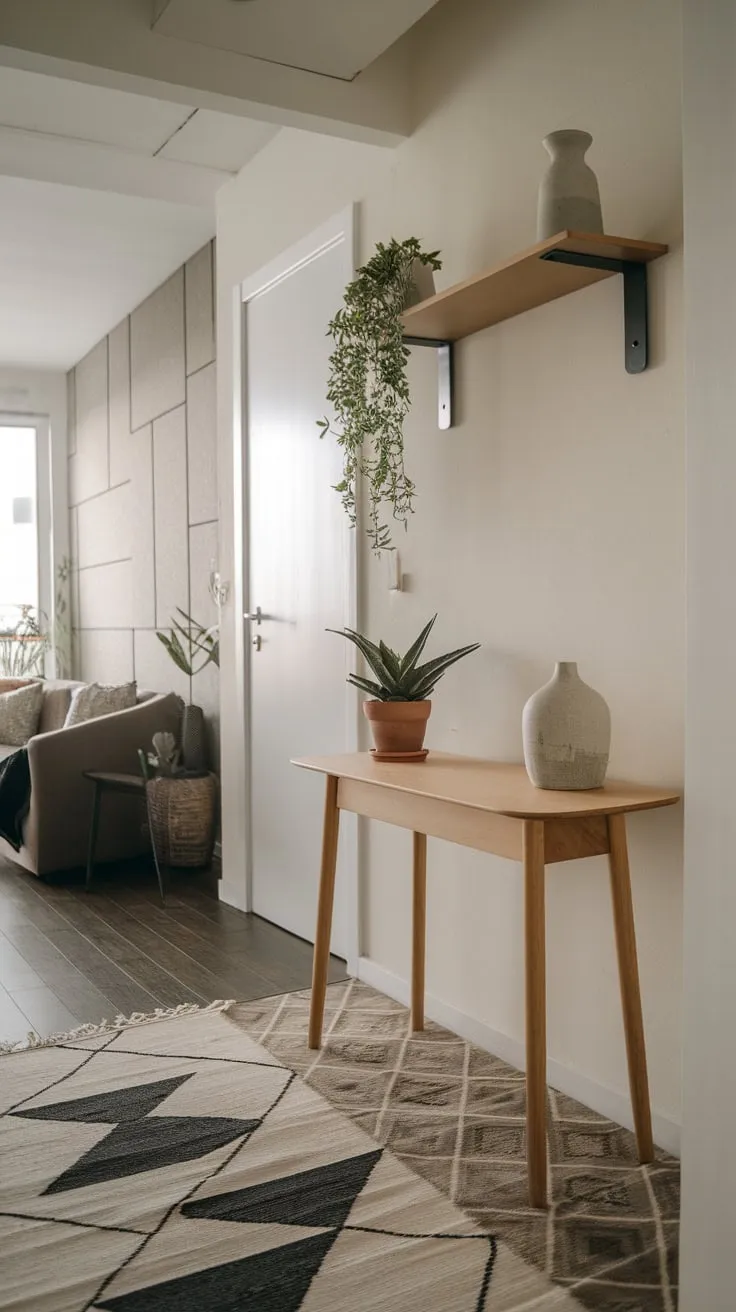 Modern design elements define this apartment entryway, where a wooden console and patterned rug complement a clean, white backdrop.