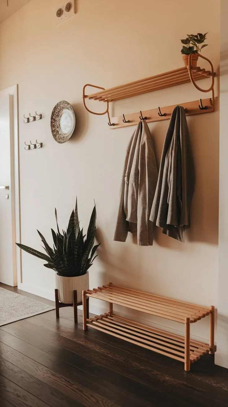 Warm lighting highlights a minimalist apartment entryway featuring a wooden coat rack, a potted plant, and dark wood floors.