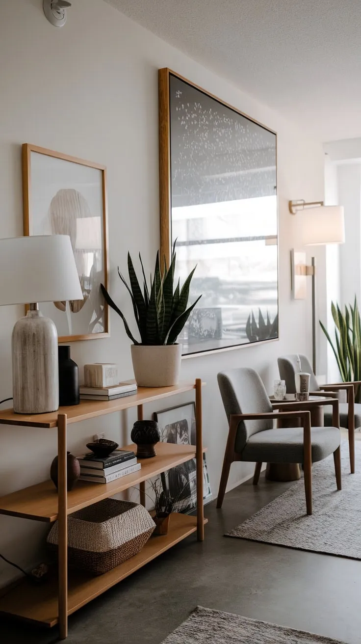 A stylish apartment entryway features a minimalist design, incorporating a wooden shelf, artwork, and comfortable seating to create a welcoming and functional space.