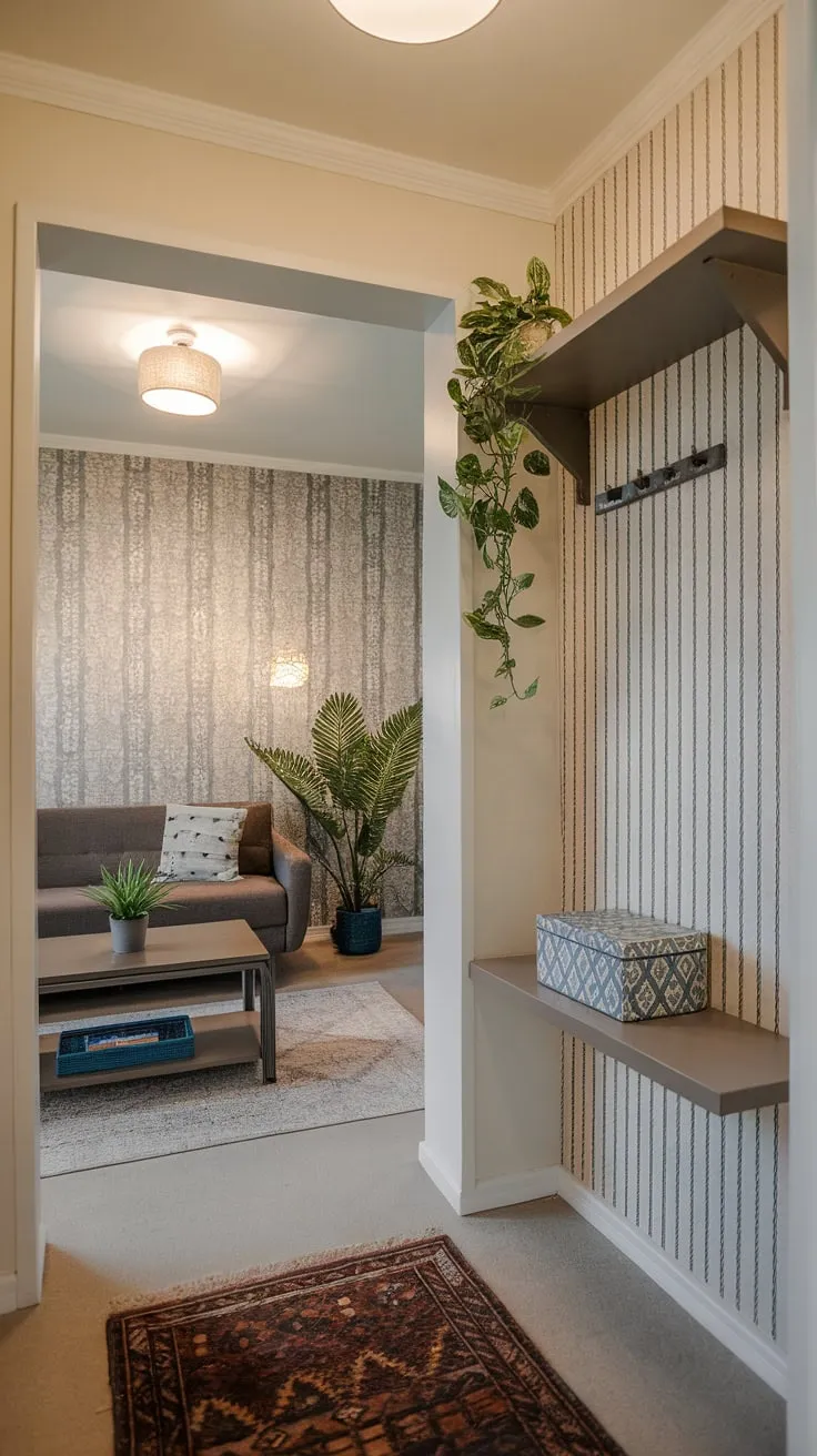 A charming apartment entryway, adorned with plants and décor, flows effortlessly into a cozy living room.