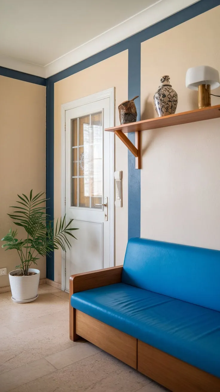 A charming apartment entryway boasts a blue couch, potted plant, and stylish shelf against beige and blue striped walls, creating a welcoming atmosphere.