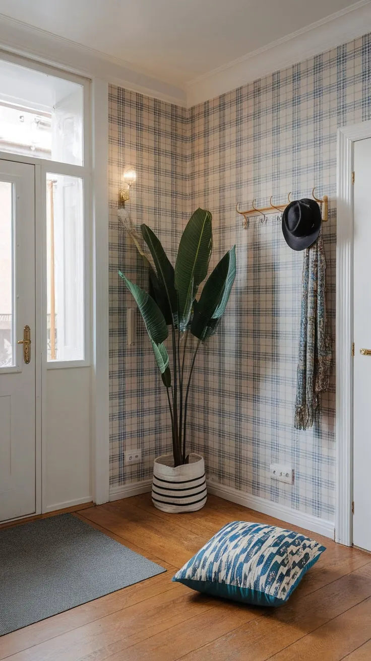Wooden floors and a patterned wallpaper create a stylish and inviting apartment entryway, complete with plant and coat rack.