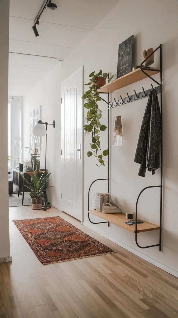 Sunlight streams into a welcoming apartment entryway featuring a cozy rug, potted plant, and convenient storage.