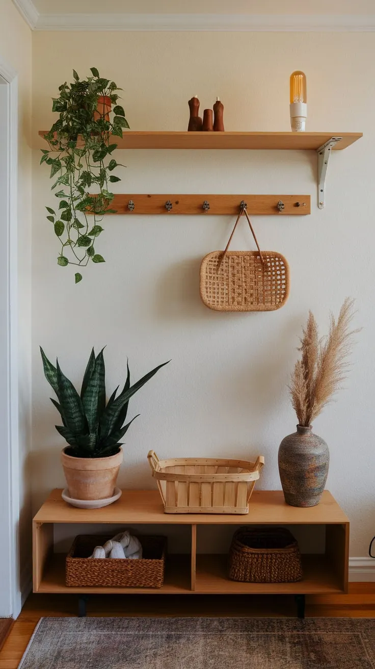 A welcoming apartment entryway boasts warm wood tones, potted greenery, and practical storage.