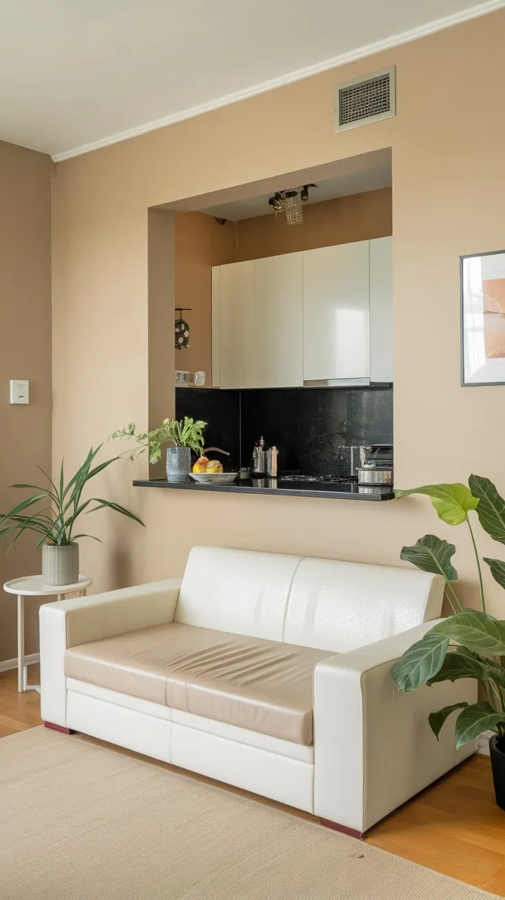 An inviting apartment entryway reveals a calming living space and a modern kitchen, subtly unified by beige walls and potted plants.