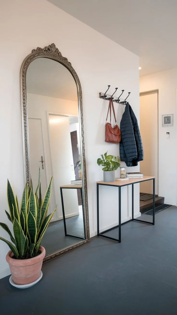 Dark grey floors ground a chic apartment entryway featuring a statement mirror, small console, plant, and practical coat hooks.