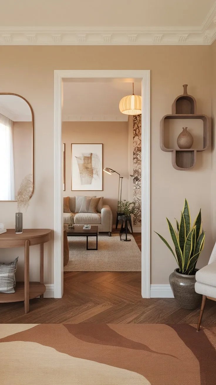 Warm lighting illuminates a welcoming apartment entryway featuring wooden floors, tasteful décor, and a glimpse of a cozy living room beyond.