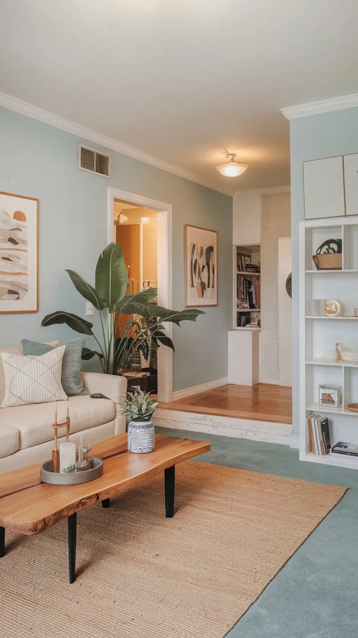 An inviting apartment entryway opens to a living area, showcasing a beige sofa, wooden coffee table, and pops of green against light blue walls.