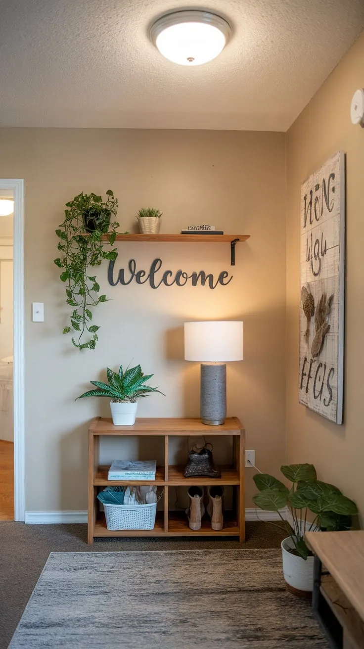 A welcoming beige apartment entryway features a wooden shelf, green plant, and "Welcome" wall decor, creating a cozy atmosphere.